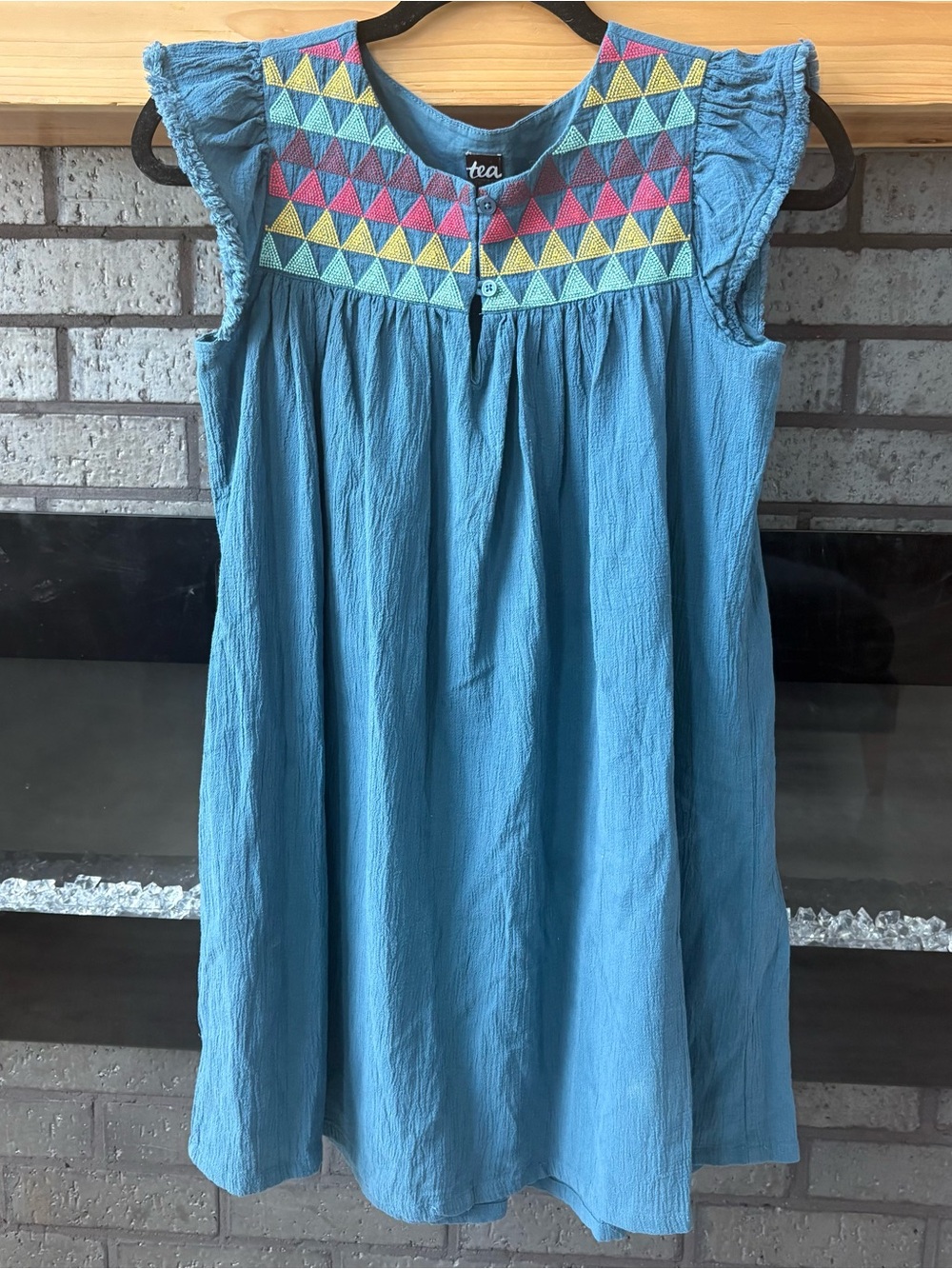 Tea Collection Blue Sleeveless Dress with Multicolor Triangle Embroidery